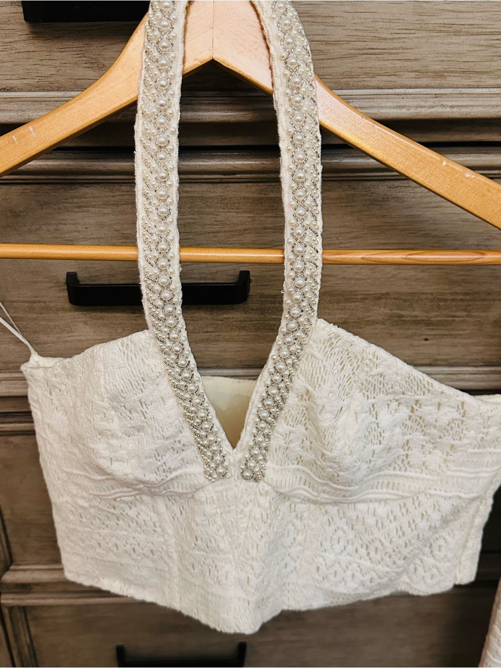 Embellished Lace Halter Bandeau & Lace wide Leg Pants  Set - Beige